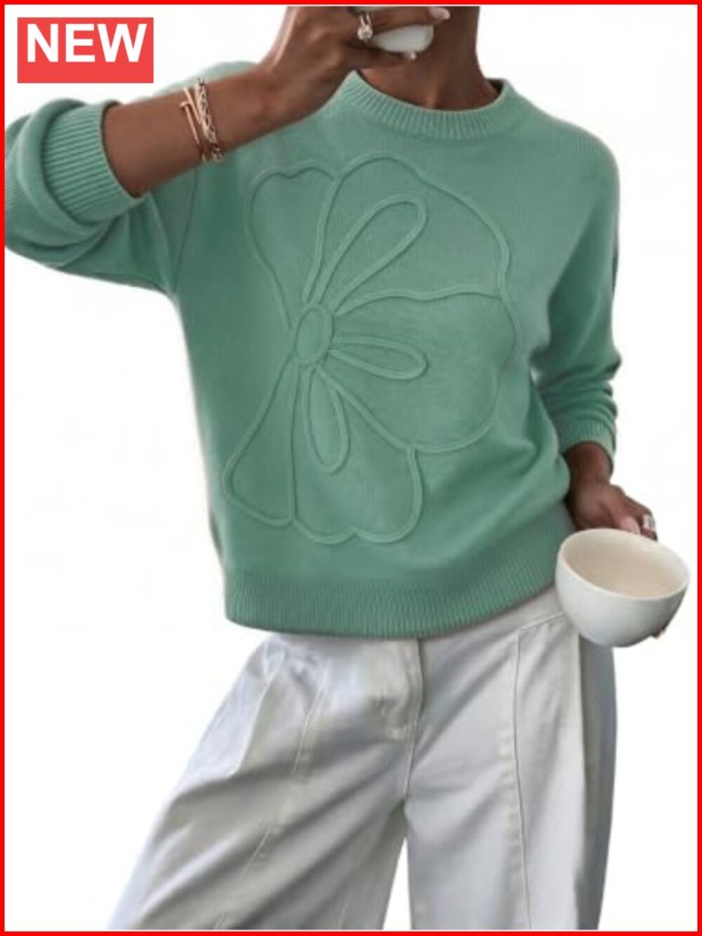 Oversized 3D Floral Pullover Sweater Crew Neck Long Sleeve Cotton Casual Fall